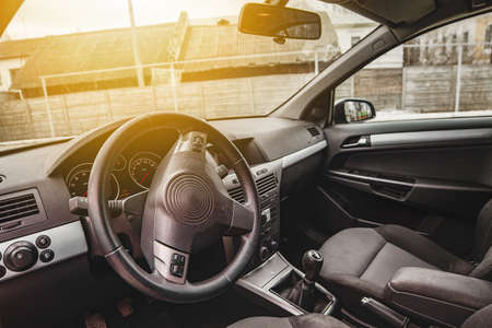 Salon of a car, parts from leather and plasticの写真素材