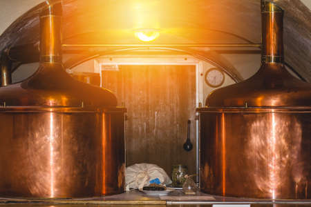 Copper beer tanks in the Czech brewery restaurantの写真素材