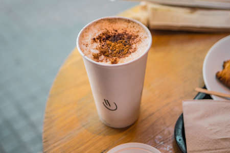 Freshly brewed coffee in a street European cafeの写真素材