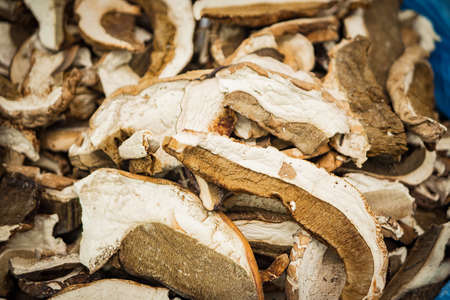 A lot of dried mushrooms on the store shelves, vegetable themesの写真素材