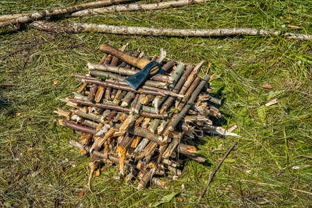 The ax lies on wooden sticks on a summer dayの写真素材