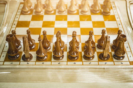Wooden chess on the board, the beginning of the gameの写真素材