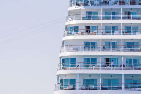 The back of the ocean liner. White large liner on the dock in portのeditorial素材