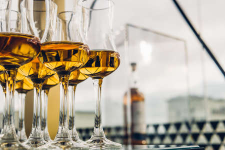 Dear Scotch whiskey in branded glasses on a high leg. Presentation of new whiskeysの写真素材