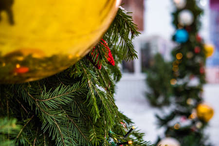 Christmas decoration with toys, Christmas tree branches. Holiday atmosphere.の写真素材