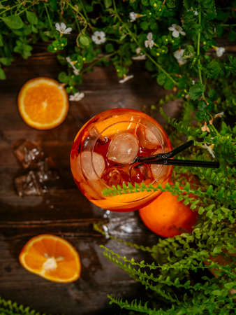Orange aperol cocktail. On the summer terrace. Garden plants. Orange drinkの写真素材
