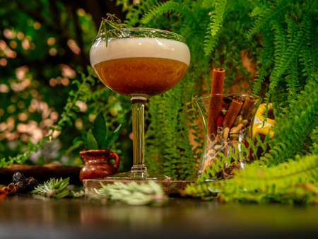Brown cocktail in a glass goblet on a long leg. In the tropical garden. On a flat stone. Daylightの写真素材