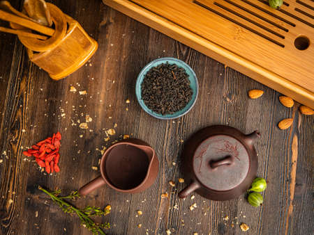 Preparation of the tea ceremony, tea in the bowl. Handmade cups.