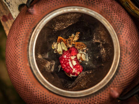 Preparation of the tea ceremony, tea in the bowl. Handmade cups.の写真素材