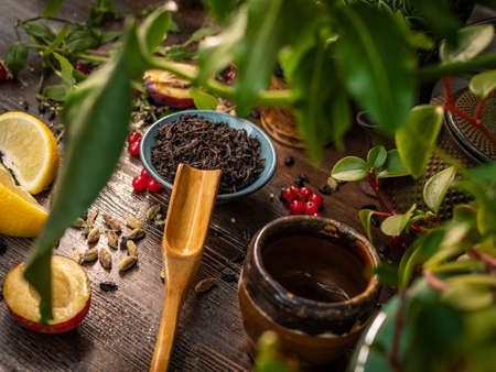 Preparation of the tea ceremony, tea in the bowl. Handmade cups.の写真素材