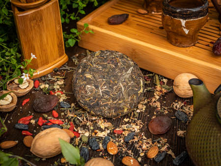 Preparation of the tea ceremony, tea in the bowl. Handmade cups.の写真素材