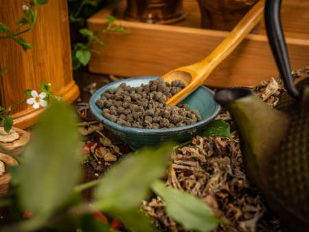 Preparation of the tea ceremony, tea in the bowl. Handmade cups.の写真素材