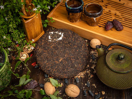 Preparation of the tea ceremony, tea in the bowl. Handmade cups.の写真素材
