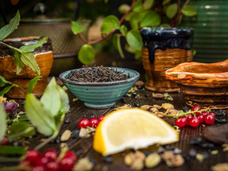 Preparation of the tea ceremony, tea in the bowl. Handmade cups.の写真素材