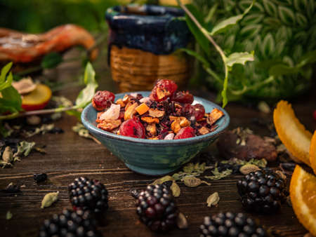 Preparation of the tea ceremony, tea in the bowl. Handmade cups.の写真素材