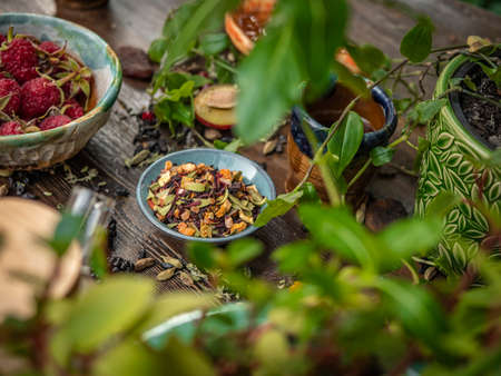 Preparation of the tea ceremony, tea in the bowl. Handmade cups.の写真素材