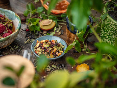 Preparation of the tea ceremony, tea in the bowl. Handmade cups.の写真素材