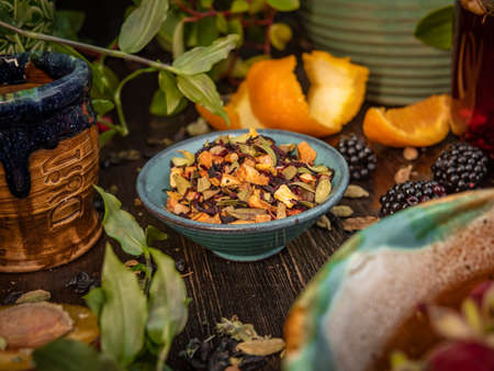 Preparation of the tea ceremony, tea in the bowl. Handmade cups.の写真素材