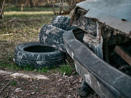 Abandoned and destroyed cars, post-apocalyptic look. sunny dayの写真素材