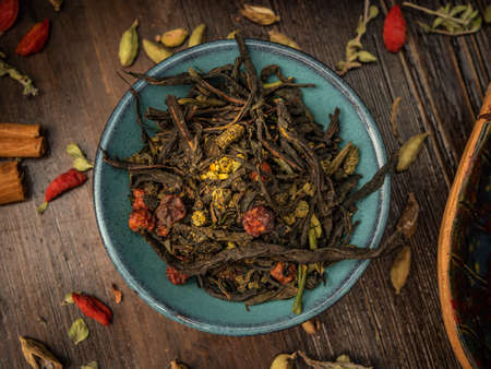 Preparation of the tea ceremony, tea in the bowl. Handmade cups.の写真素材