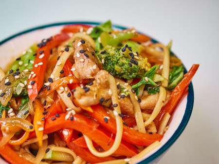 Udon noodles with meat in a plate on a white surface.の写真素材