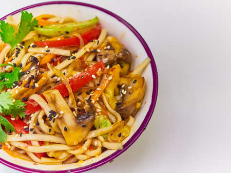 Udon noodles with meat in a plate on a white surface.の写真素材