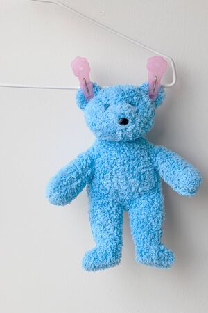 Hanging and dry teddy bear after washingの写真素材