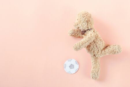 Teddy bear playing football on pink backgroundの写真素材