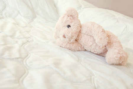 Cute little teddy bear is sleeping in the bed on green blanket,Teddy bear is relaxingの写真素材