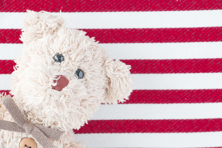 Cute teddy bear  with white and red fabric backgroundの写真素材