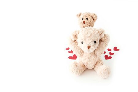 The cute little teddy bear are so happy with many hearts in valentine.の写真素材
