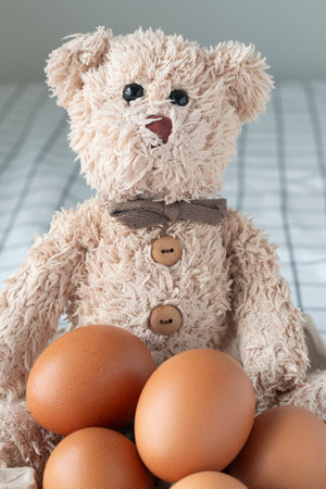 Teddy bear with brown eggs in a basket on the bed.の写真素材