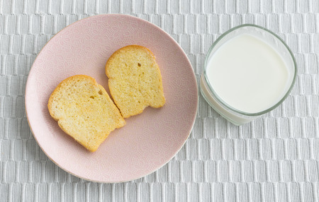 A glass of milk and butter breadの写真素材