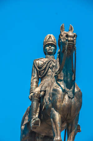 The equestrian statue of King Chulalongkorn (Rama V) with blue sky background in Bangkok, Thailand.の写真素材