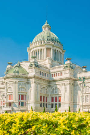 The Ananta Samakhom Throne Hall with field of flowers in Thai Royal Dusit Palace, Bangkok, Thailand.のeditorial素材