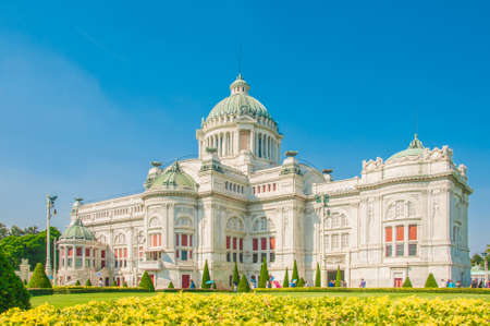 The Ananta Samakhom Throne Hall with field of flowers in Thai Royal Dusit Palace, Bangkok, Thailand.のeditorial素材
