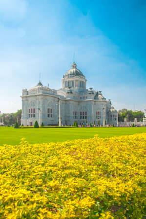 The Ananta Samakhom Throne Hall with field of flowers in Thai Royal Dusit Palace, Bangkok, Thailand.のeditorial素材