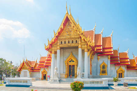 The Marble Temple, Wat Benchamabophit Dusitvanaram with blue sky background , Bangkok THAILANDのeditorial素材