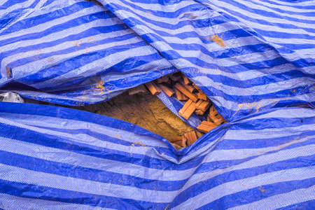 Red bricks packed on a blue plastic wrap and coveredの写真素材