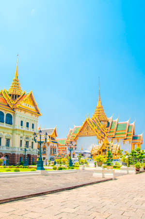 The Main Hall of Royal Grand Palace with Blue Sky Background at Wat Phra Kaew, Grand Palace, Bangkok, Thailand.のeditorial素材