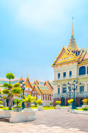The Main Hall of Royal Grand Palace with Blue Sky Background at Wat Phra Kaew, Grand Palace, Bangkok, Thailand.のeditorial素材