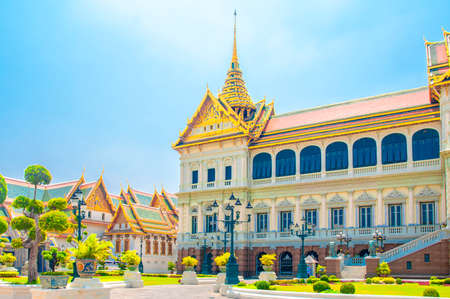 The Main Hall of Royal Grand Palace with Blue Sky Background at Wat Phra Kaew, Grand Palace, Bangkok, Thailand.のeditorial素材