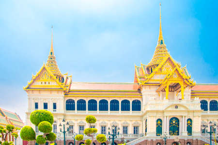 The Main Hall of Royal Grand Palace with Blue Sky Background at Wat Phra Kaew, Grand Palace, Bangkok, Thailand.のeditorial素材
