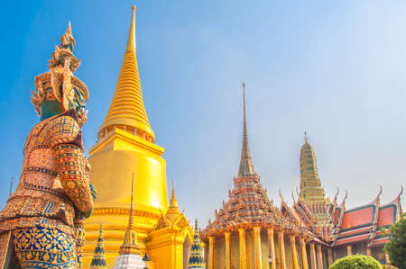 Wat Phra Kaew, Temple of the Emerald Buddha at Royal Grand Palace  with blue sky Background Bangkok, Asia Thailand.のeditorial素材