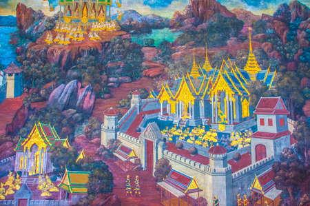 Thai Mural Paintings on the wall, Wat Phra Kaew at Bangkok, Thailand. The scenes of Ramayana story, the ancient Indian story are painted in the temple wall as the gallery.のeditorial素材