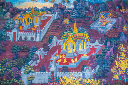 Thai Mural Paintings on the wall, Wat Phra Kaew at Bangkok, Thailand. The scenes of Ramayana story, the ancient Indian story are painted in the temple wall as the gallery.のeditorial素材