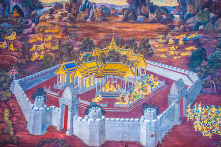 Thai Mural Paintings on the wall, Wat Phra Kaew at Bangkok, Thailand. The scenes of Ramayana story, the ancient Indian story are painted in the temple wall as the gallery.のeditorial素材