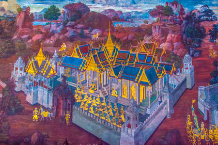 Thai Mural Paintings on the wall, Wat Phra Kaew at Bangkok, Thailand. The scenes of Ramayana story, the ancient Indian story are painted in the temple wall as the gallery.のeditorial素材