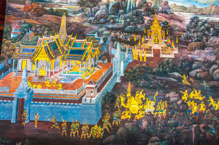 Thai Mural Paintings on the wall, Wat Phra Kaew at Bangkok, Thailand. The scenes of Ramayana story, the ancient Indian story are painted in the temple wall as the gallery.のeditorial素材