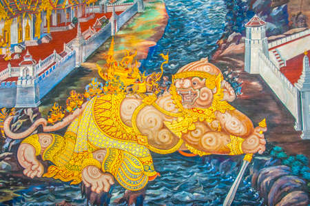 Thai Mural Paintings on the wall, Wat Phra Kaew at Bangkok, Thailand. The scenes of Ramayana story, the ancient Indian story are painted in the temple wall as the gallery.のeditorial素材